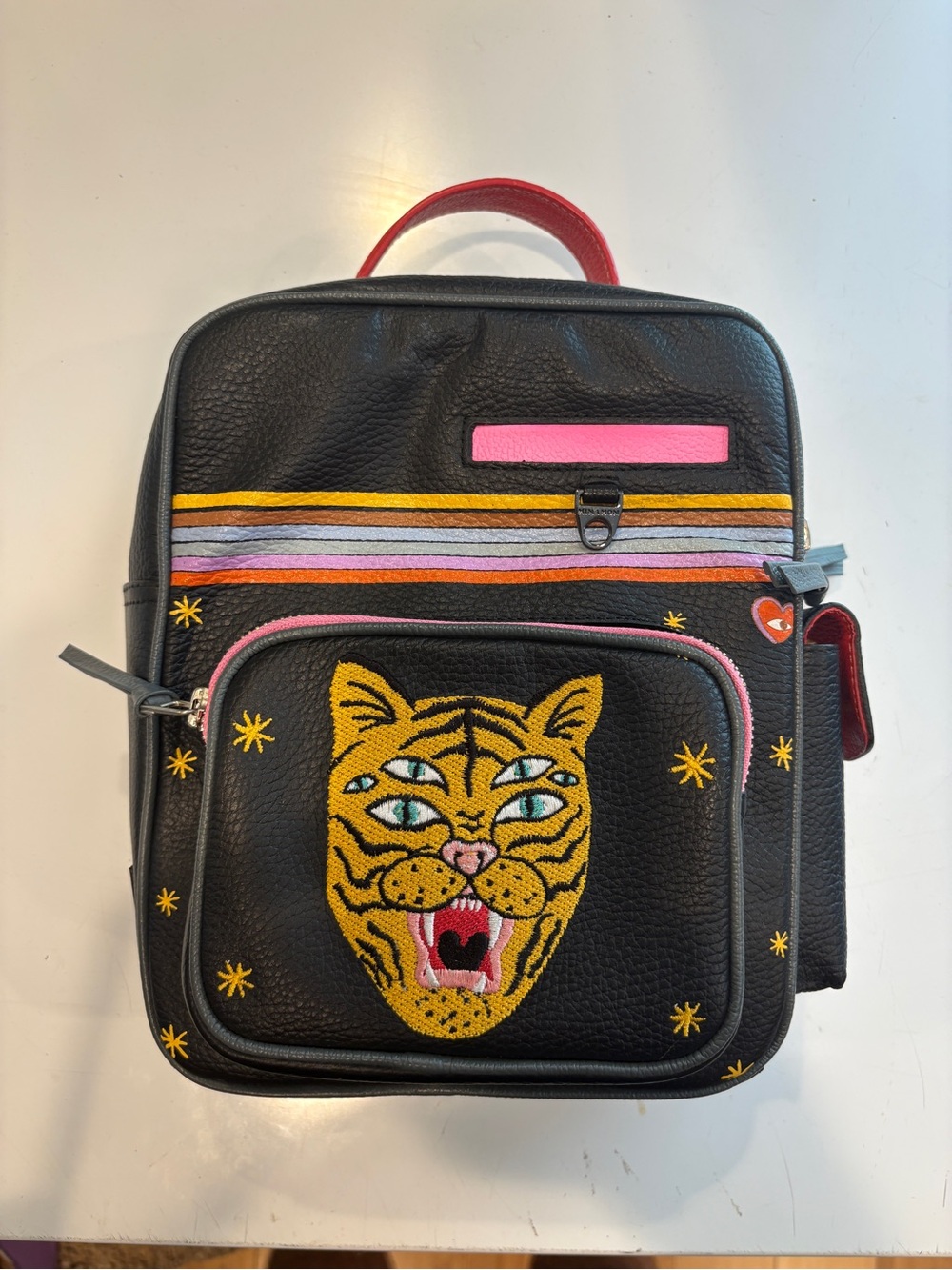 Min & Mon Black Kids Backpack with Yellow Tiger Patch and Pink Accents